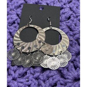 Vintage Funky Silvertone Hoop Dangle Earrings Circles 2.25 inches